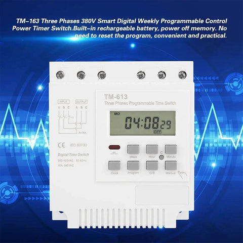 Three Phase 380V Digital LCD Timer Switch with weekly programmable relay and easy wiring setup for motors and equipment