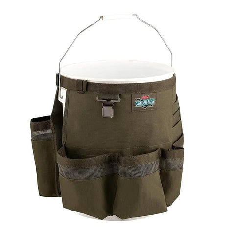 Workhorse Garden Bucket Tool Organizer for Five Gallon Buckets with heavy duty 600D ripstop fabric and glove clip, side view