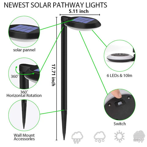 Diagram of Outdoor Solar Path Lights Waterproof Landscape Pathway Lighting Kit With 6 Cool White SMD LEDs features and dimensions