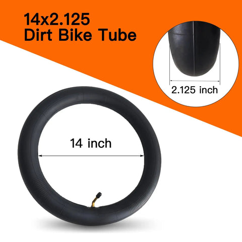 Two Pack 14x2.125 Bike Inner Tubes For 14 Inch Wheels, Beefy Rubber, Electric Bike Tube shown in detail and side view