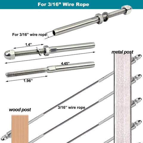 3 16 Inch T316 Stainless Steel Stud Tensioner Cable Railing Hardware Set For Wood And Metal Posts Indoor Outdoor Use Heavy Duty