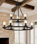 Nine Light Wagon Wheel Chandelier In Farmhouse Black Finish For Modern Round Dining Room Indoor Lighting, ceiling view.