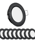 Top Shelf Eight Pack Of 12 Volt LED Puck Lights For Recessed Camper Van Install Smooth Dimming Warm White Downlights With Crisp CRI 93 Output Ready For Boat Truck And Home Cabinetry Setup, glossy black flush-mount fixtures.