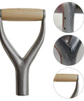 D Grip Handle Replacement Fork Kit for Garden Shovels, Reusable Y Grip, silver metal with wooden grip, detail view