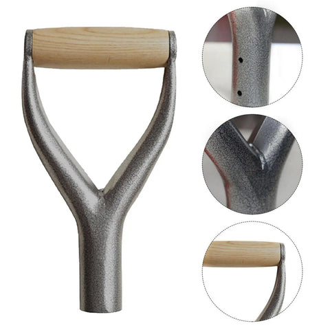 D Grip Handle Replacement Fork Kit for Garden Shovels, Reusable Y Grip, silver metal with wooden grip, detail view