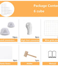 Package contents of Wire Cube Storage Organizer 6 Cube Shelves Metal Bookshelf with connectors, panels, liners, mallet, and manual