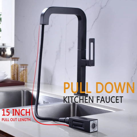 Brass Kitchen Faucet With Pull Down Sprayer, Square Matte Black Single Hole Bar Sink Faucet, 15-Inch Pull-Out Length on counter
