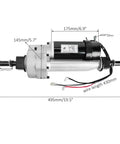 24V 350W Electric Transaxle Motor With 21.67 To 1 Gear Reduction, dimensions, wires visible, for DIY projects.