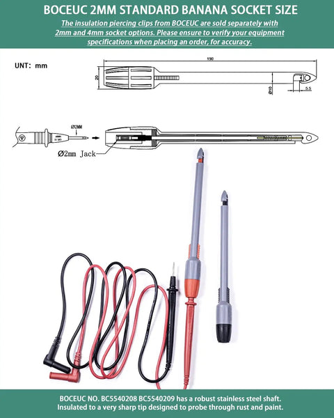 Heavy Duty Wire Piercing Probe Clip Set For Multimeters, 4mm Push On Banana Plug Leads, Insulation Piercing Clips, Pro Grade Kit