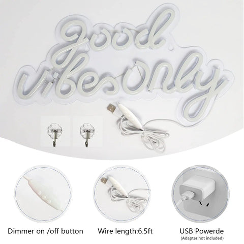 Good Vibes Only Neon Sign For Wall Decor Led Neon Light Brings Party Vibes To Your Living Room Bedroom Bar Game Room Restaurant Or Hotel White 16.5 By 10 Inches Easy Mount And Energy Efficient LED For Everyday Use And Party Ready Vibe, showing USB power components and wall mounting tools