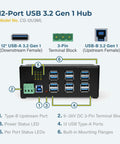 Front view of 12 Port USB 3.2 Gen 1 Hub With Status LEDs Rugged Metal Chassis 5Gbps Data Transfer Wall Mount Or DIN Rail Mount