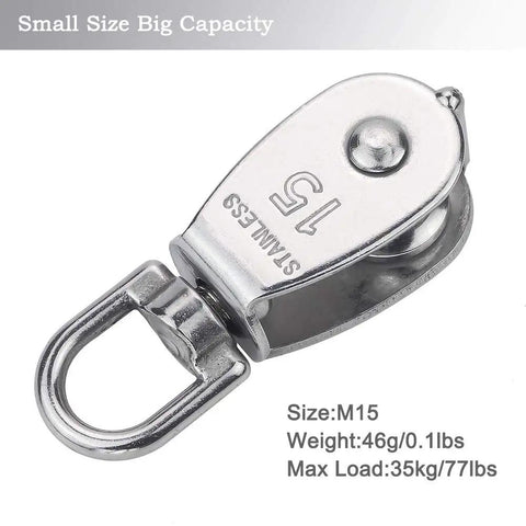 Beefy Heavy Duty Single Pulley Block M15 304 Stainless Steel Swivel Top Ring Lifting Wire Rope Pulley Roller 360 Degree For Hanging Cable Towing Max Load 77lbs 12 Pack