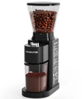 Aromaster Electric Burr Coffee Grinder With 48 Precision Settings And Adjustable Timer, black unit with beans and ground coffee.