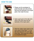 Instructions for using the Four Pairs Shoe Heel Repair Patches Kit With Sandpaper For Worn Sneaker Heels including steps and images.