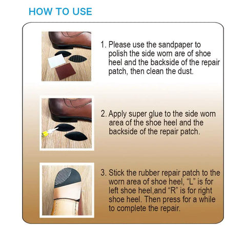 Instructions for using the Four Pairs Shoe Heel Repair Patches Kit With Sandpaper For Worn Sneaker Heels including steps and images.