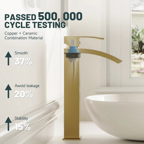 Brushed Gold Vessel Sink Faucet With Waterfall Design Tall Spout Single Handle showing cycle testing info in bathroom