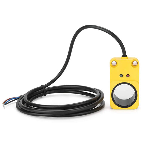 Ring Proximity Sensor 30mm Diameter, NPN Normally Open, 10 To 30V DC, 15mA Draw, 100mA Load, yellow casing with attached cable.