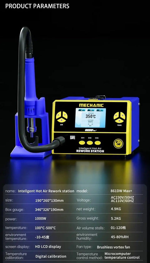 DIY Friendly Pro Grade Hot Air Gun Mechanic 861DW Max Plus 1000W Soldering Station, LCD Display, Desoldering Tool