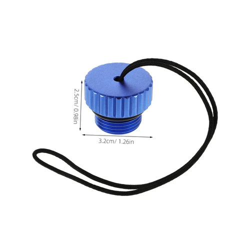 Blue aluminum Dive Tank Valve Accessory Scuba Valve Protector Cap with no tools required for easy quick install shown with dimensions