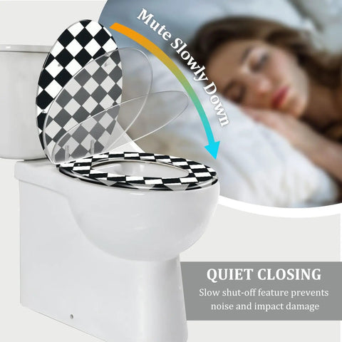 Toilet Seat Elongated Quiet Close for Bathroom with checkered design, showcasing the silent close feature.