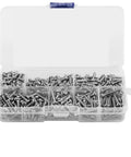 500 Piece M3 Stainless Steel 304 Self Tapping Screws Pan Head Design in organizer box for quick bite into wood and plastic.