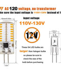 Diagram showing size comparison of 110V-130V G4 LED Bulb 3W Dimmable Warm White 3000K with 12V halogen bulb, emphasizing voltage differences.