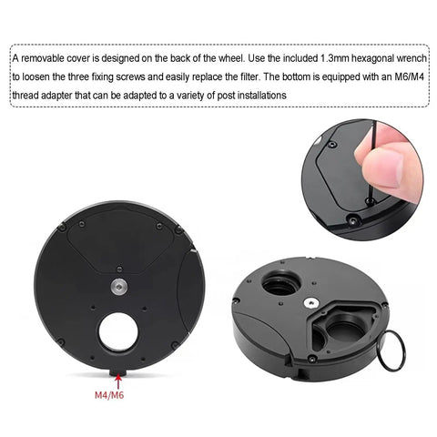Three views of Six Position Telescope Filter Wheel For 1 Inch Eyepieces With Pro Grade Aluminum Body, showing M6 and M4 mounts.