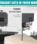 Hardcore Mini Band Saw Featuring Knockout 800W Pure Copper Motor 70Mm Cut Height 90Mm Throat With Tilted Metal Table For Smooth Wood And Foam Projects Right In Your Shop, showing 70mm sawing height cutting through wood.
