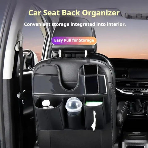 Tesla Cybertruck Rear Seat Back Organizer With Roomy Multi Pouches Heavy Duty Pu Leather Auto Storage Keeper, showing drink and phone slots.