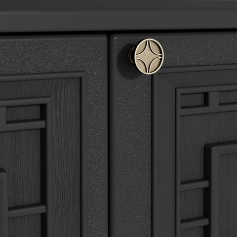 Close-up of black HDPE resin exterior of All Weather 62 Gallon Resin Deck Box For Outdoors, Waterproof Storage Cabinet For Patio Cushions.
