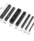 Seven Piece Beefy Aluminum Setup Blocks Height Gauge Set For Router And Table Saw with laser engraved size markings.