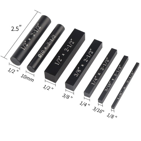 Seven Piece Beefy Aluminum Setup Blocks Height Gauge Set For Router And Table Saw with laser engraved size markings.