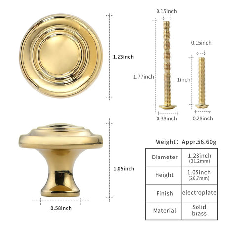 Five Pack Slick Polished Brass Cabinet Knobs 1.23 Inch Round Gold Drawer Pulls For Kitchen, Dresser, And Wardrobe Upgrade