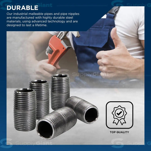 Beefy One Half Inch Black Steel Pipe Nipple Set, 10 Pack displayed with a mechanical tool, highlighting durability for DIY furniture use