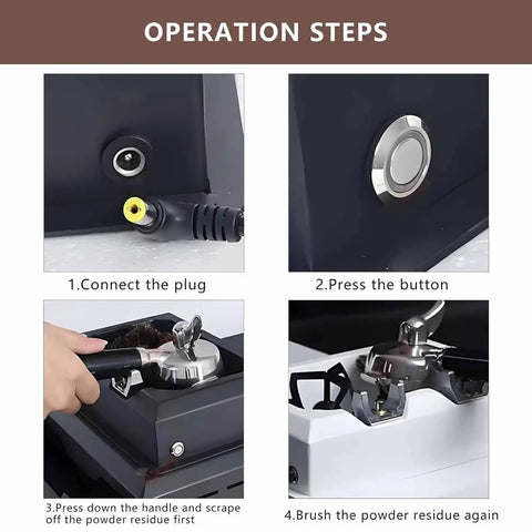 Operation steps for Kick Stubborn Espresso Grinds Effortlessly With This Blazing Fast 58 mm Electric Portafilter Cleaner and Knock Box.