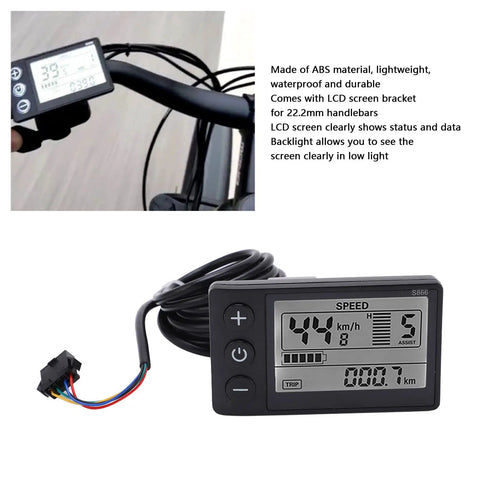 Wireless Electric Bike LCD Display Panel S866 with SM plug mounted on bike handlebars, showing speed and battery data.