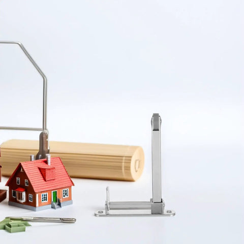 Tough As Nails Stainless Steel Fire Door Closer With Automatic Self Closing Hinge For Commercial Doorways And Cabinet Locks shown beside a model house and tools.
