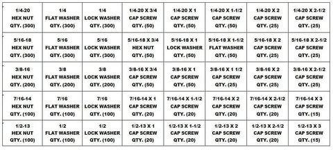 Grade 8 Bolt Bin Kit With Coarse Thread Fasteners Including Bolts Nuts Flat Washers And Lock Washers In One Quarter Inch Five Sixteenth Inch Three Eighths Inch And One Half Inch Sizes In A 40 Hole Yellow Zinc Bins Organizer For Quick DIY And Projects layout chart