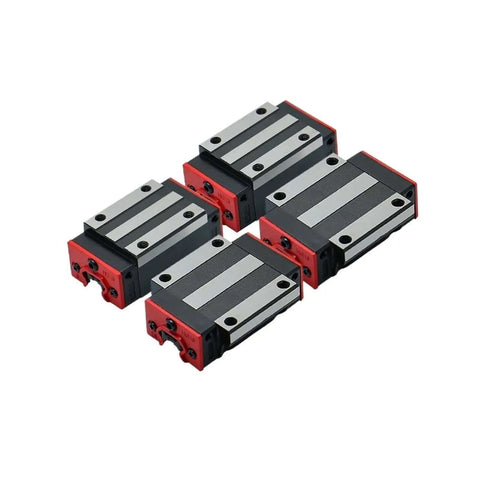 Precision High Speed Linear Guide Rail Kit Includes Four HGH20CA Slide Blocks And HGR20 Bearings For Smooth Sliding Motion With Low Friction And Zero Maintenance Needs On Any Diy Machine Or CNC Build Project. Four HGH20CA linear slide blocks, metal and red housing.