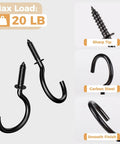 Heavy Duty Black Screw In Cup Hooks One And One Quarter Inch Metal 50 Pack Great For Hanging Kitchen Tools Garage Storage And More Rust Resistant With Smooth Edges For Easy Installation showing sharp tip, carbon steel, smooth finish.
