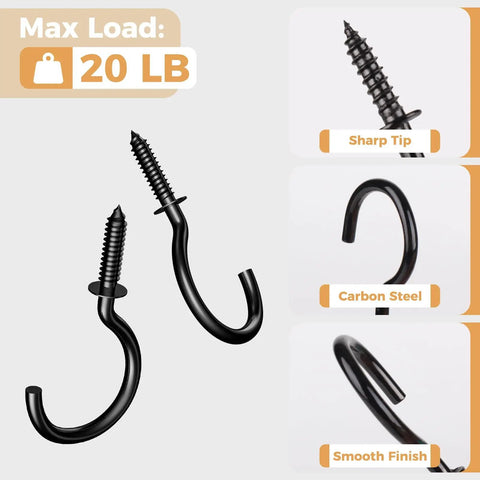Heavy Duty Black Screw In Cup Hooks One And One Quarter Inch Metal 50 Pack Great For Hanging Kitchen Tools Garage Storage And More Rust Resistant With Smooth Edges For Easy Installation showing sharp tip, carbon steel, smooth finish.