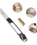 Top Tier Half Inch Shank Carbon Steel Wood Dowel Plug Cutter Kicks Out Perfect Pocket Hole Plugs Quick With A Clever Open Valve Design And Razor Sharp Shear Angle Built Hella Tough For Weekend Warriors close-up of cutter with wood dowel and joint, showing tool and plug removal.