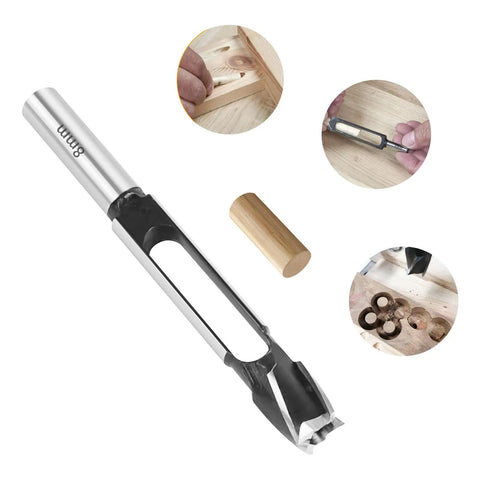 Top Tier Half Inch Shank Carbon Steel Wood Dowel Plug Cutter Kicks Out Perfect Pocket Hole Plugs Quick With A Clever Open Valve Design And Razor Sharp Shear Angle Built Hella Tough For Weekend Warriors close-up of cutter with wood dowel and joint, showing tool and plug removal.