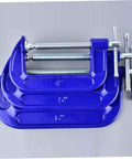 Set of three blue G clamps in varying sizes, designed for woodworking and crafting. Built Tough 4 Inch Woodworking G Clamp With Quick Release C Clamp For Desk Mounting Universal Tabletop Clamp For Woodworking Crafting Projects Featuring A Swiveling Pad With Ball And Socket Joint Delivers Even Pressure On Workpieces.