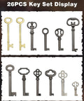 Display of 26 Key Universal Skeleton Key Set For Antique Dresser Cabinets And Old Timey Style Furniture Replacement Keys