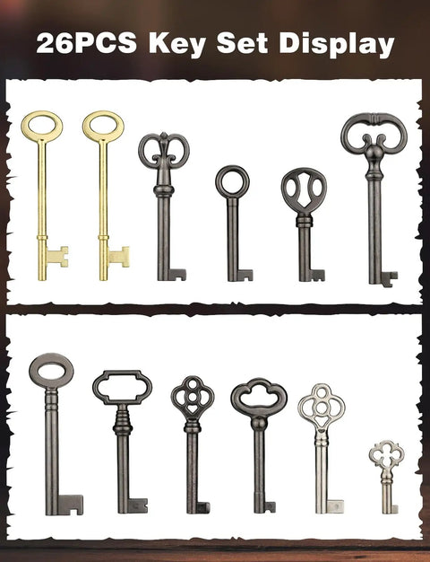 Display of 26 Key Universal Skeleton Key Set For Antique Dresser Cabinets And Old Timey Style Furniture Replacement Keys