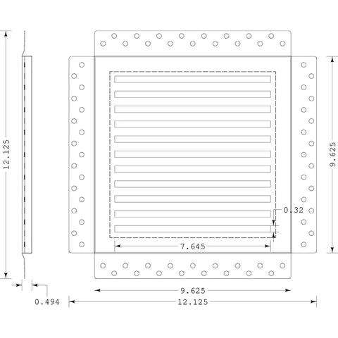 Technical drawing of Removable Mud In Flush Cold Air Return Vent Cover For Walls Or Ceilings Exhaust Fan And Register Cover Premium Modern Finish That Blends With Drywall Paint Ready No Fuss Install 10x10 Inch dimensions.
