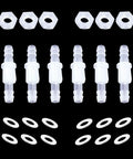 Six-pack bulkhead plastic hose barb fittings with metal washers; 1/4 in size, translucent white.