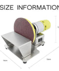 Powerful 7-Speed Electric Bench Sander With Variable Control Up To 6000Rpm showcasing size measurement, compact design, and metal build.