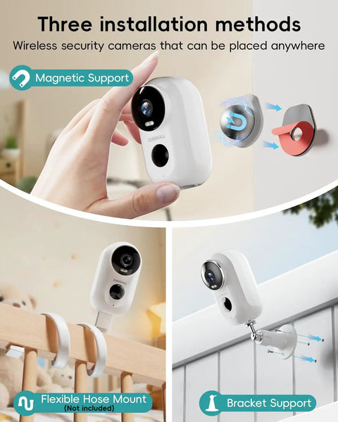Wireless Outdoor Security Cameras With Magnetic Mount No Drill Installation, 2K Battery Powered, flexible and bracket mounts